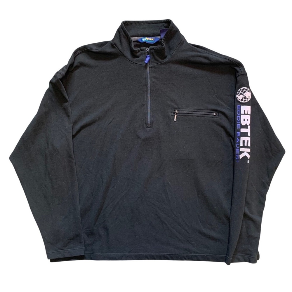 Vintage EBTEK Eddie Bauer Quarter Zip Pullover Black Mens XL Logo Sleeve USA